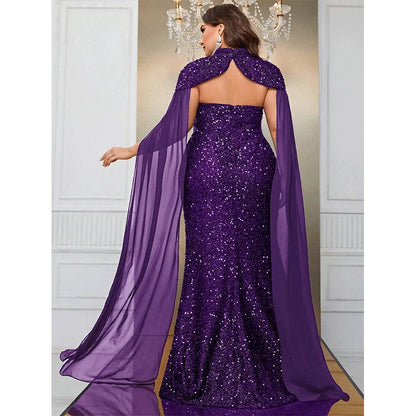 purple sequins with chiffon cape long evening dress-formal elegance