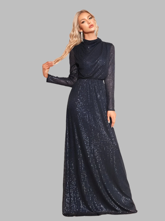 navy sequinned long sleeve a-line evening dress-formal elegance