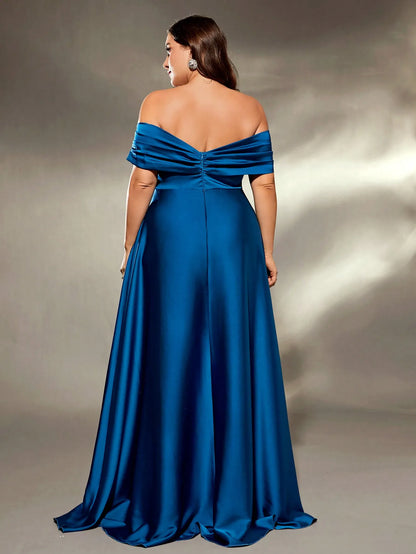 Blue Plus Size Off The Shoulder Satin Bridesmaid Party Dress