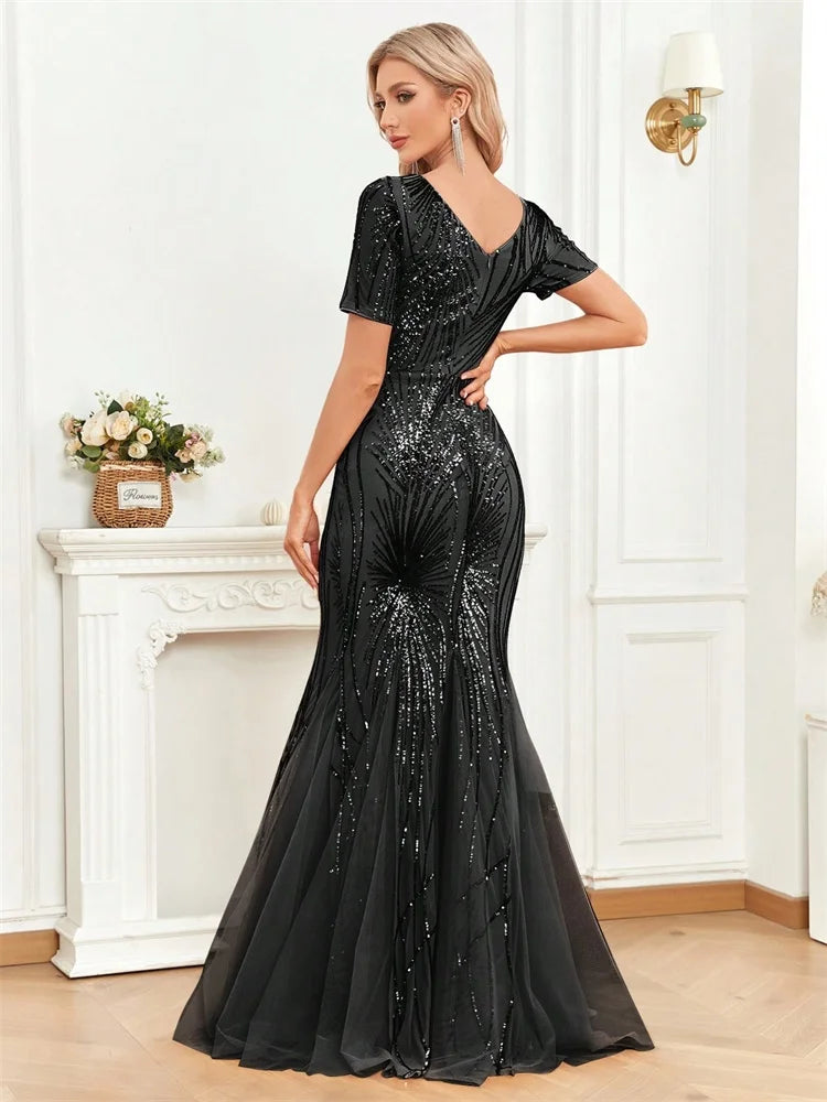 Green Short Sleeves Sequins Evening Dress