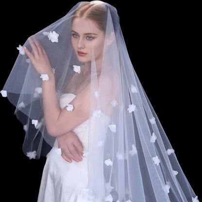 Long White 3D Flowers Blusher Wedding Veil