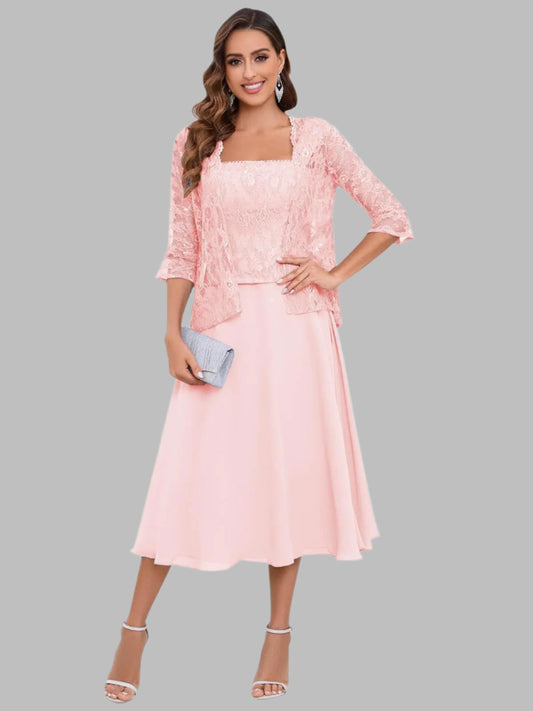 Woman wearing a pink dress with a matching jacket mother of the bride or groom two piece set