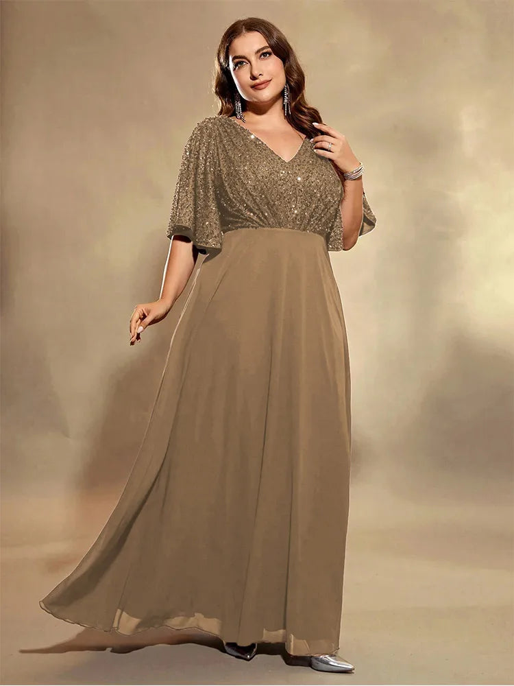 brown chiffon and sequins v-neck short sleeve evening dress-formal elegance