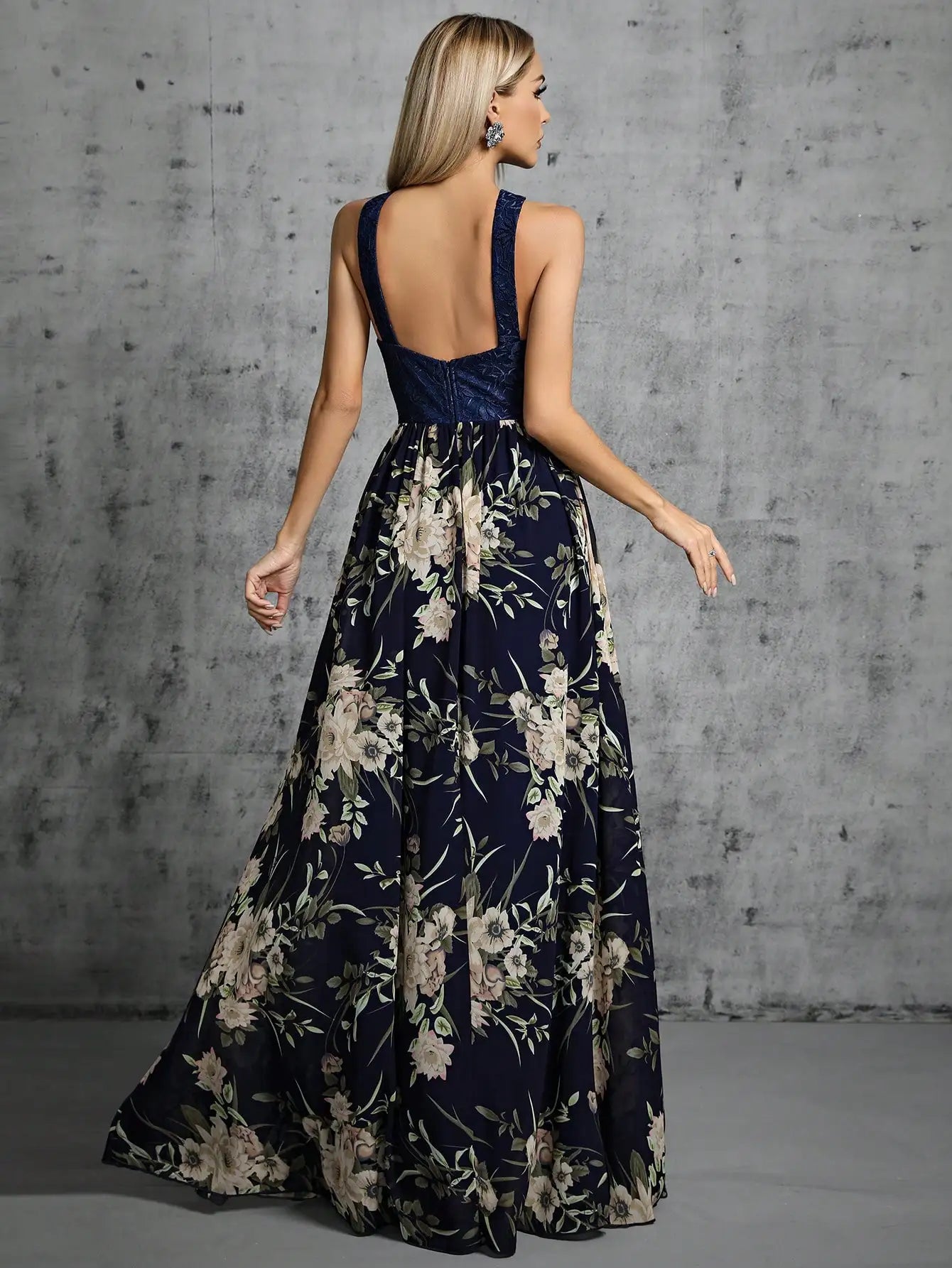 Navy Floral Cross Strap A-Line Evening Party Dress