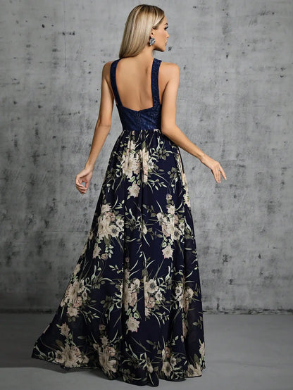 Navy Floral Cross Strap A-Line Evening Party Dress