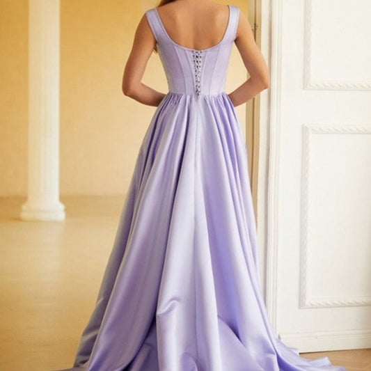 lavender lace up back satin evening dress