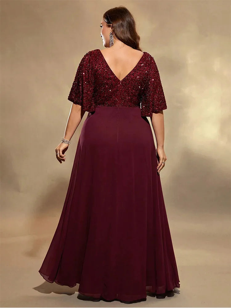 Brown Plus Size Chiffon V-Neck Sequined Evening Dress