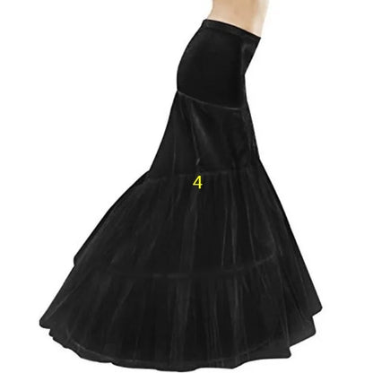 Black petticoat side view, layered tulle layers gathered at waist
