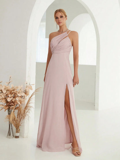 pink chiffon one shoulder wedding guest party dress-formal elegance