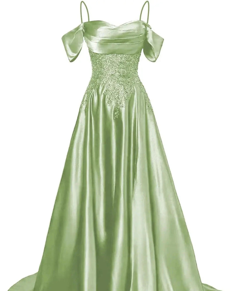 Sage green A-line satin dress with beaded bodice, sweetheart neckline, draped cap sleeves