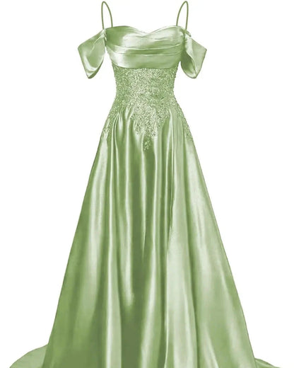 Sage green A-line satin dress with beaded bodice, sweetheart neckline, draped cap sleeves