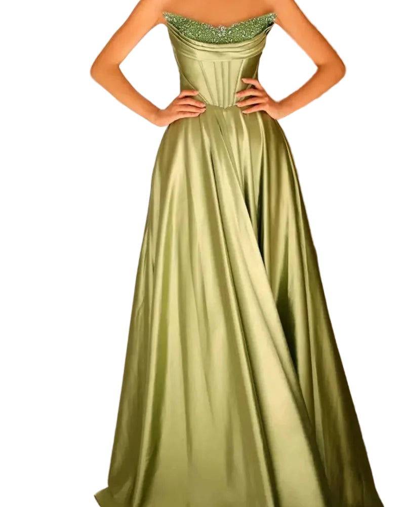 Olive green strapless satin A-line evening gown with beaded sweetheart neckline