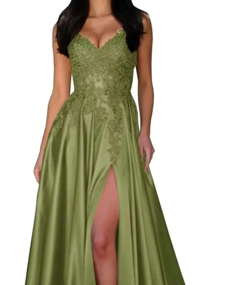 Satin A-line evening dress with lace V-neck and spaghetti straps, front slit, olive green
