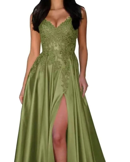 Satin A-line evening dress with lace V-neck and spaghetti straps, front slit, olive green