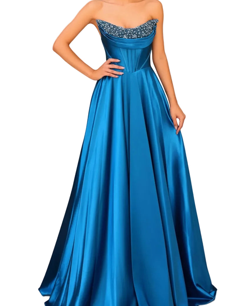 Blue strapless satin A-line evening gown with beaded sweetheart neckline