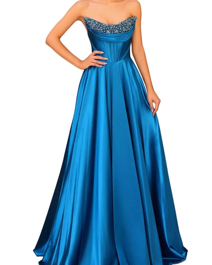 Blue strapless satin A-line evening gown with beaded sweetheart neckline
