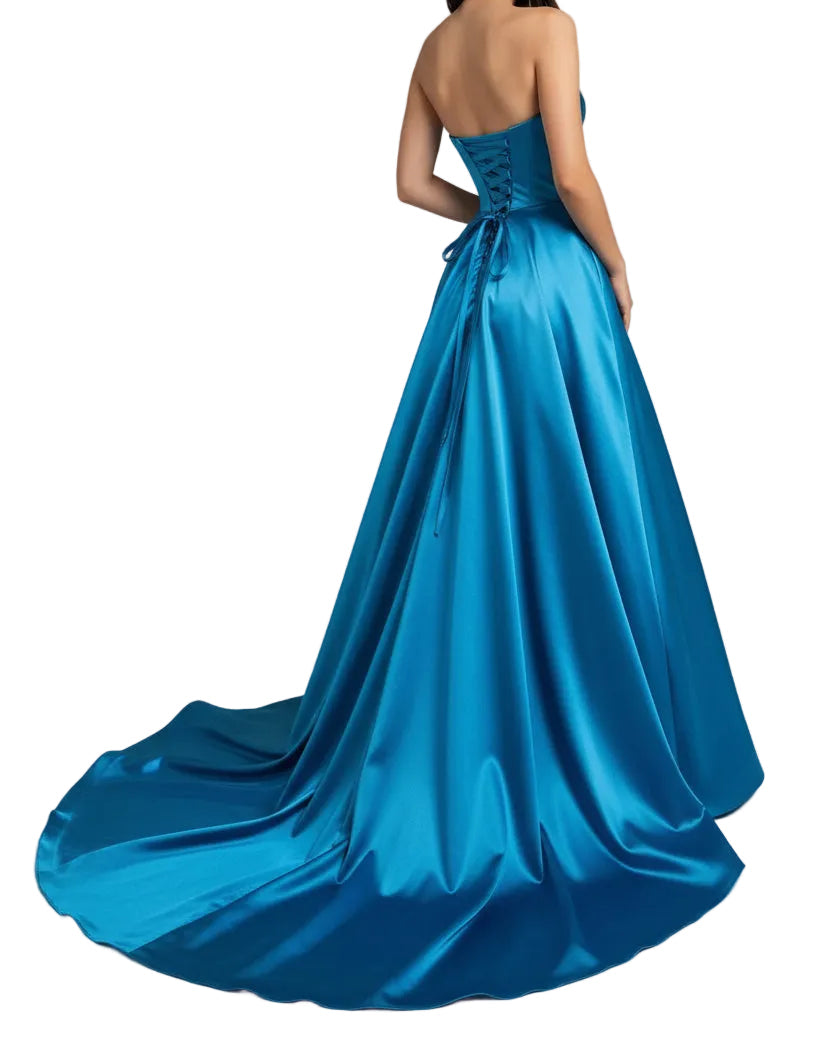 Blue satin strapless A-line evening gown with embellished neckline, full skirt flare