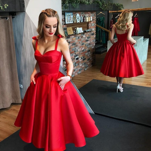 red satin tea length party dress-formal elegance