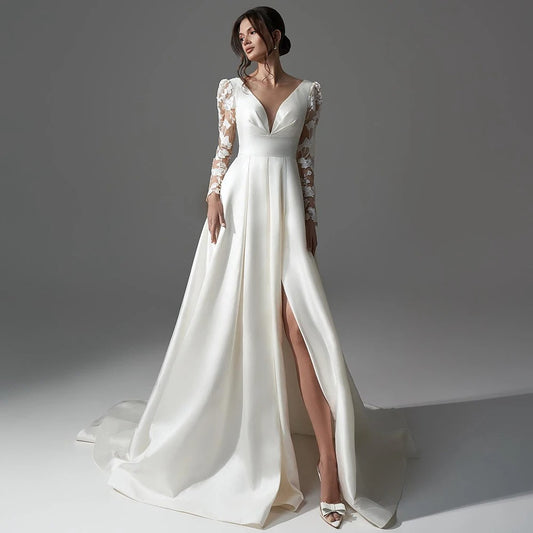 Satin Applique Lace Long Sleeves Wedding Dress