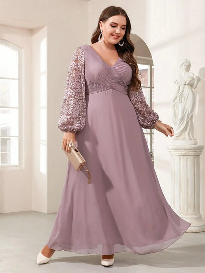 Plus Size Lace Long Sleeve Chiffon Evening Party Dress