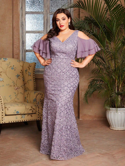 purple mermaid style embossed lace with chiffon  cold shoulder design sleeves party dress-formal elegance