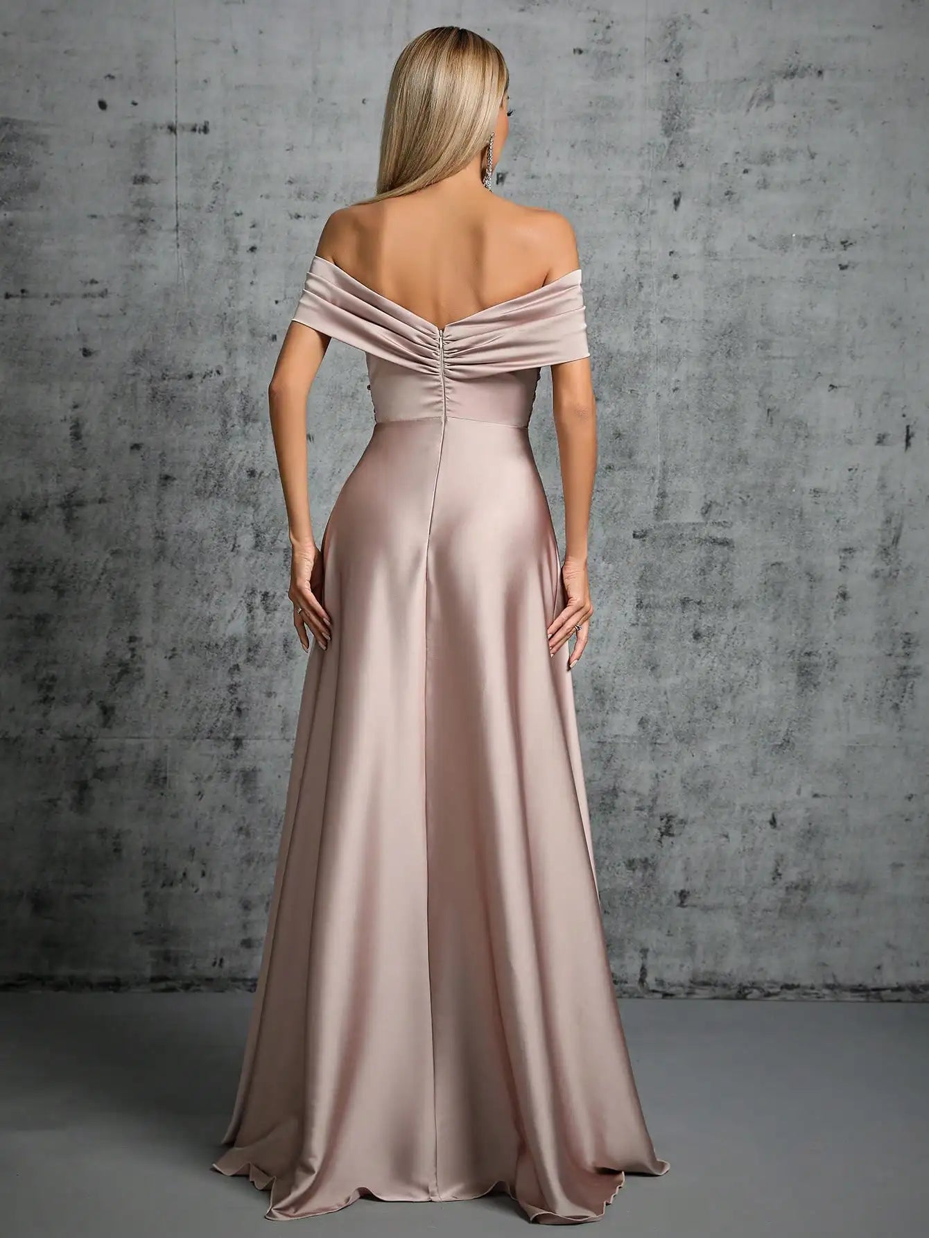 light pink pleated  off the shoulder evening gown