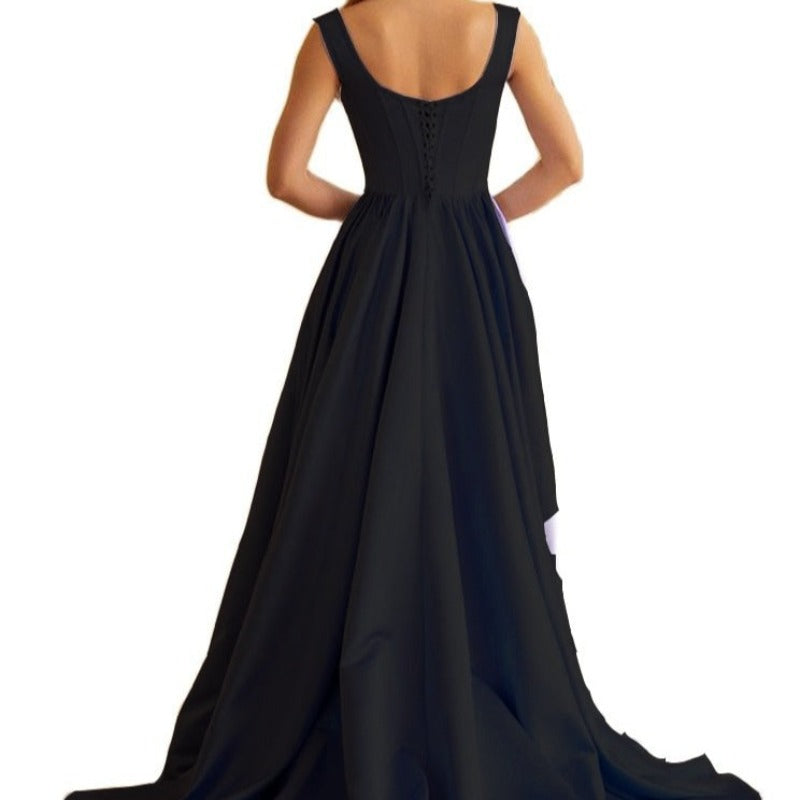 black satin a-line corset evening dress