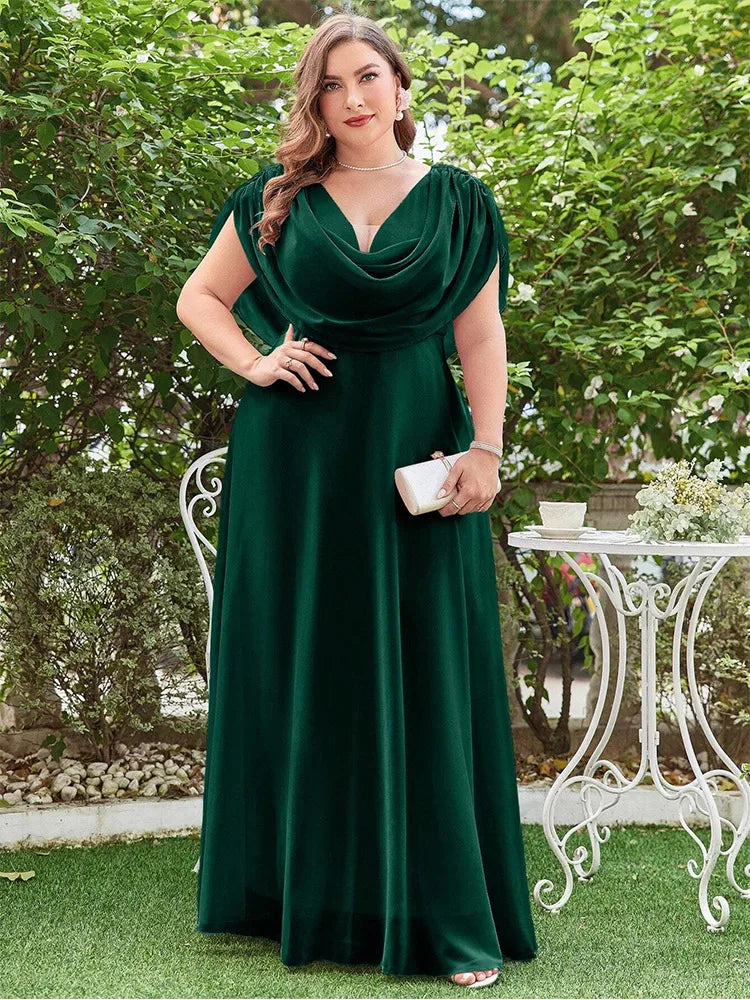 dark green chiffon plus size cowl neck  evening party dress