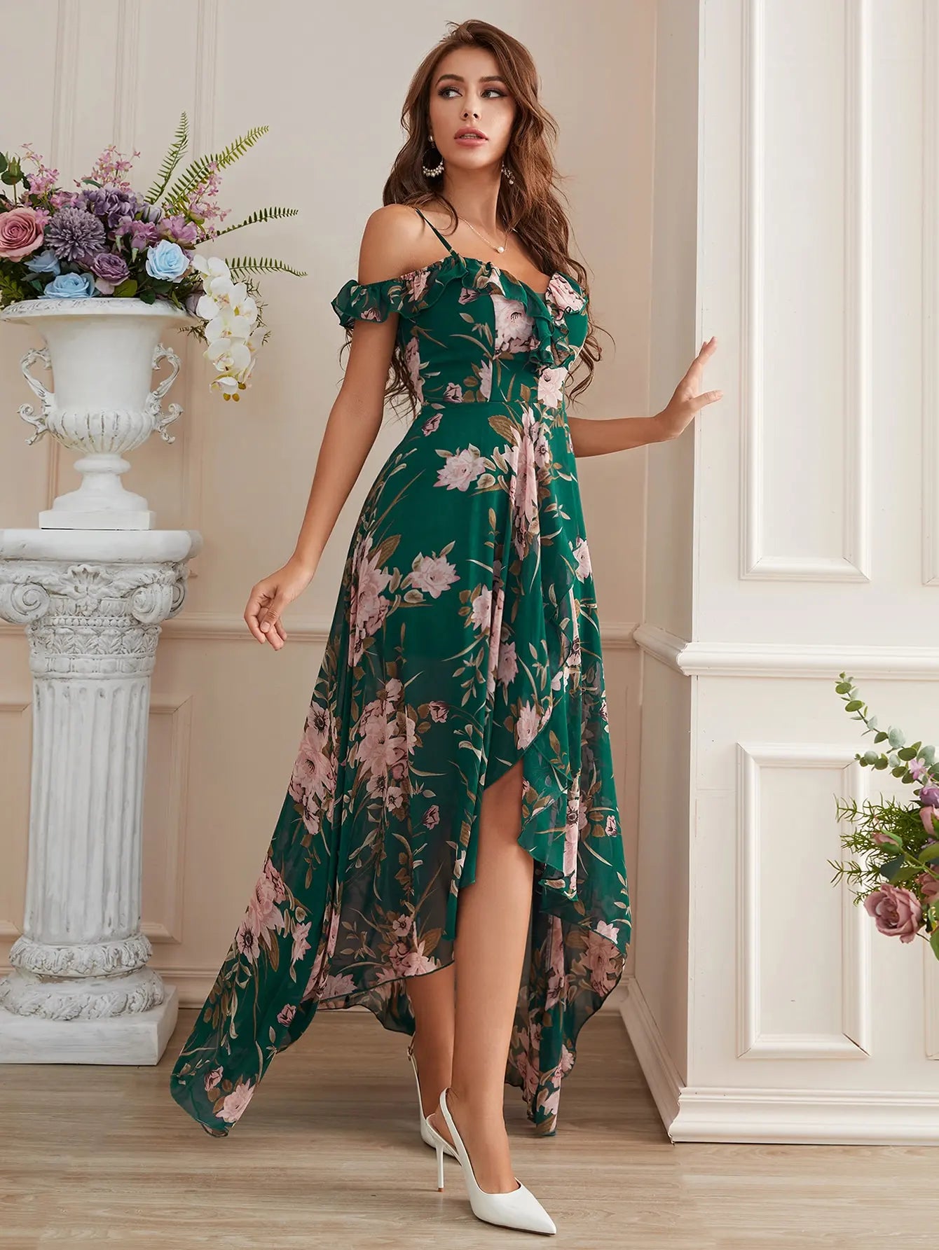 green off the shoulder high low party dress-formal elegance