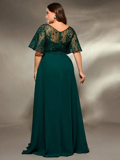 Green Chiffon Lace Plus Size Short Sleeve Party Dress