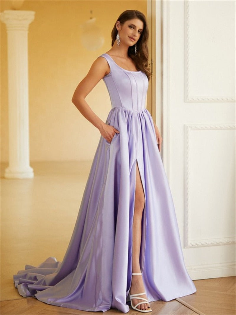 lavender a-line corset satin with a leg split-formal elegance