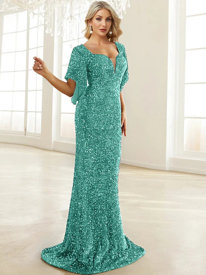 Elegant Sequin Bell Sleeve Maxi Cocktail Party Dresses