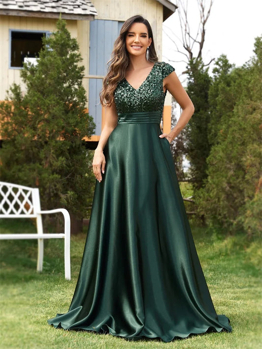 v-neck sequin bodice satin evening dress-formal elegance