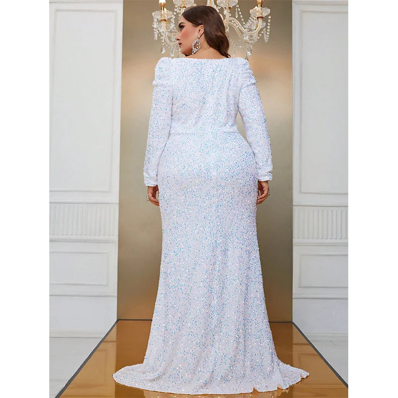 Plus Size Square Neck Long Sleeve White Sequin Evening Dress