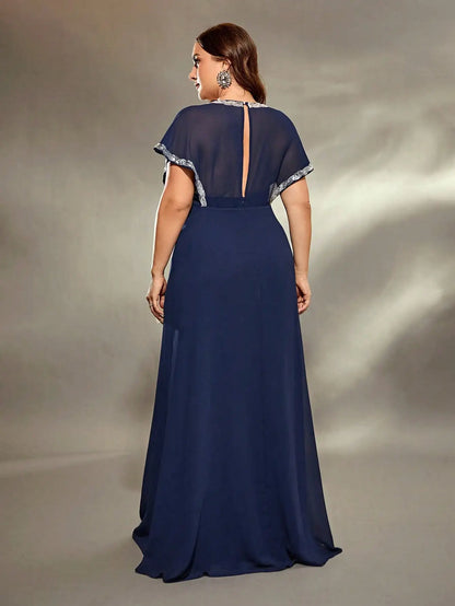 Navy Chiffon Silver Sequin Trim Plus Size Evening Dress