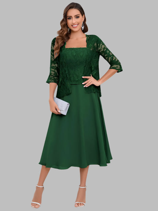 green lace jacket and dress two piece a-line midi length mother of the bride outfit