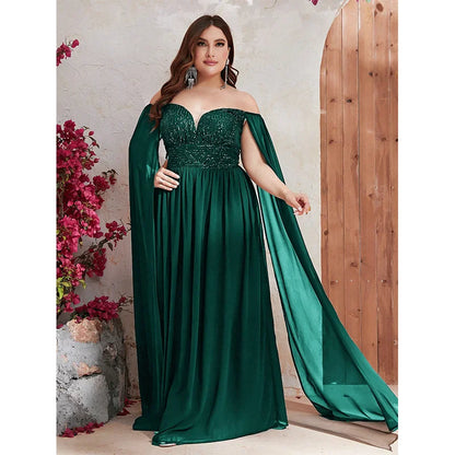 Plus Size Off Shoulder Cape Sleeve Sequin Evening Gown