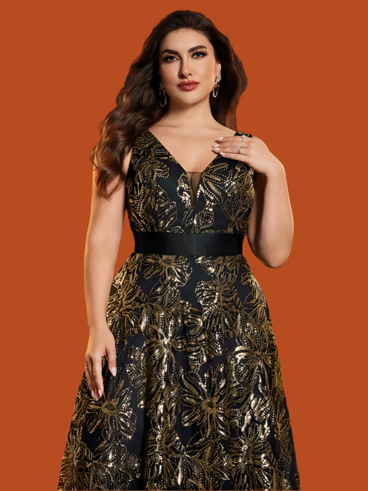 Black Gold V-Neck Sleeveless Sequins Evening Dress