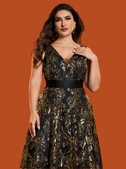 Black Gold V-Neck Sleeveless Sequins Evening Dress