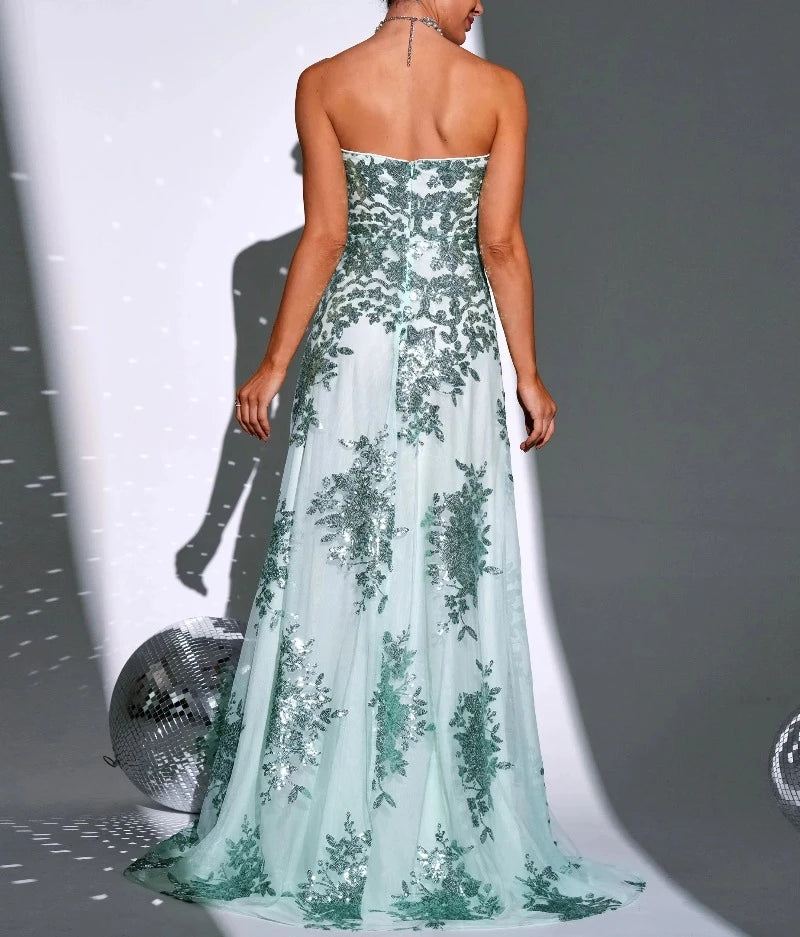 Strapless Green A-Line Sequin Formal Party Evening Gown