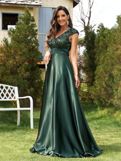 Dk Green Satin Sequin Short Sleeve Evening Dress