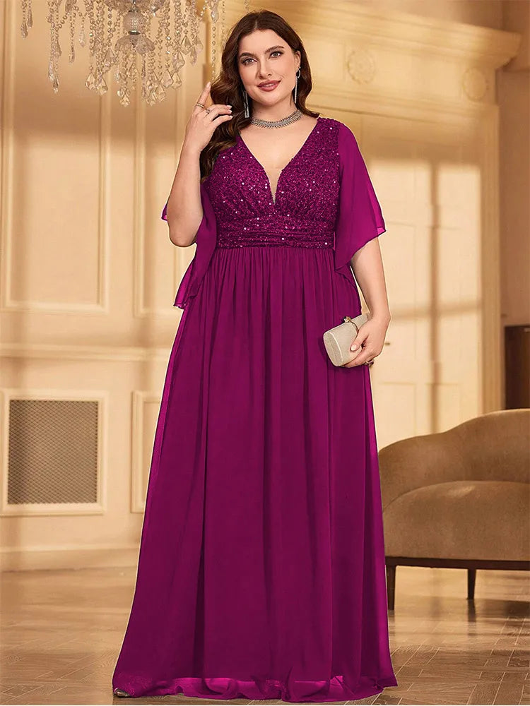 Pink Plus Size Chiffon V-Neck Sequined Short Sleeve Evening Dress