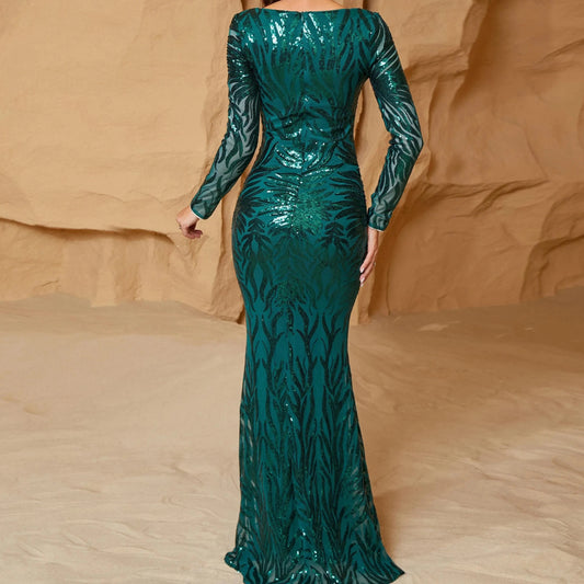 Elegant Green V Neck Sequin Mermaid Evening Dress