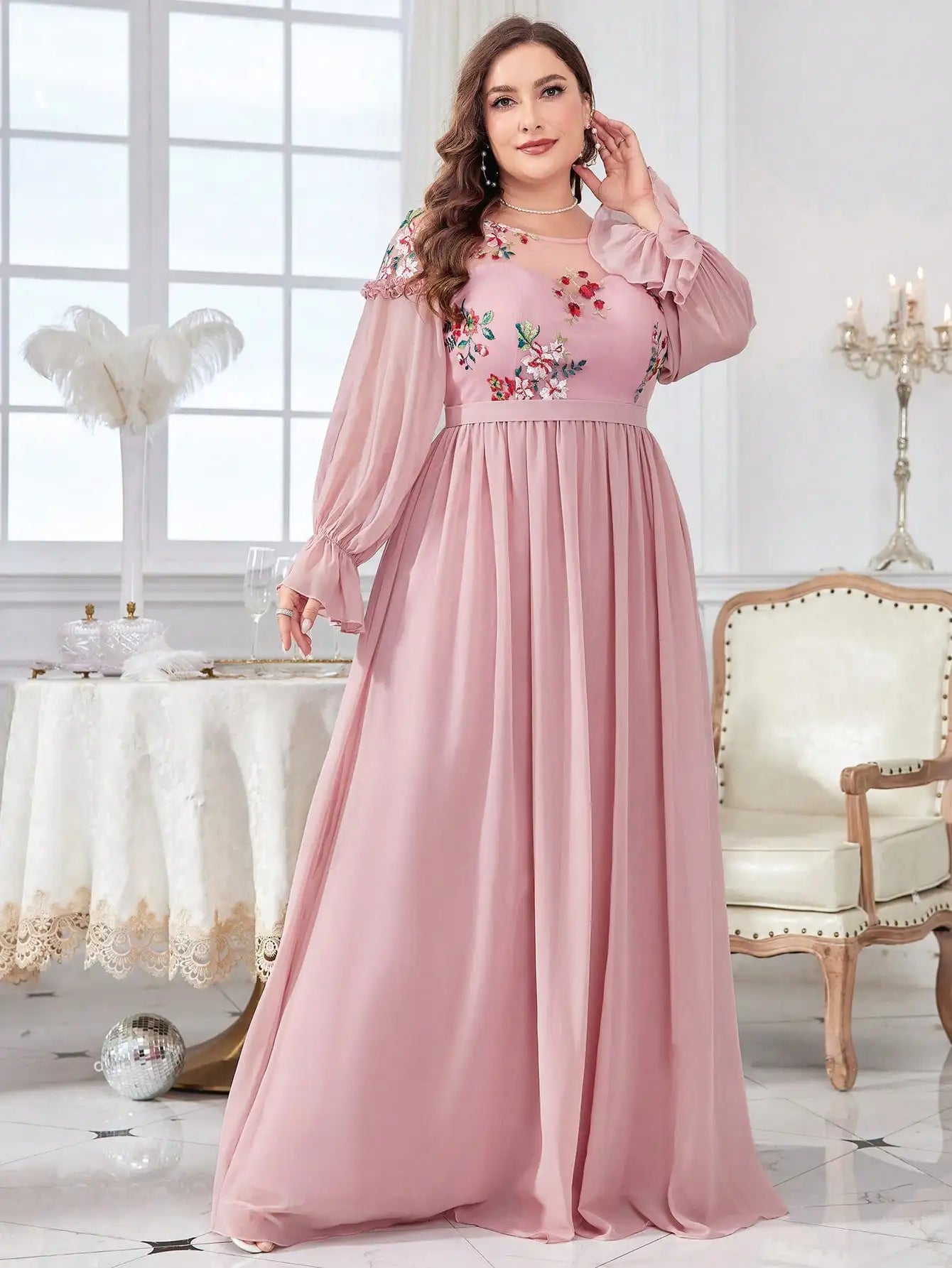 pink chiffon plus size floral embroidered bodice evening gown