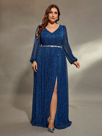 Blue Plus Size Glitter Sequins Long Sleeve Evening Gown