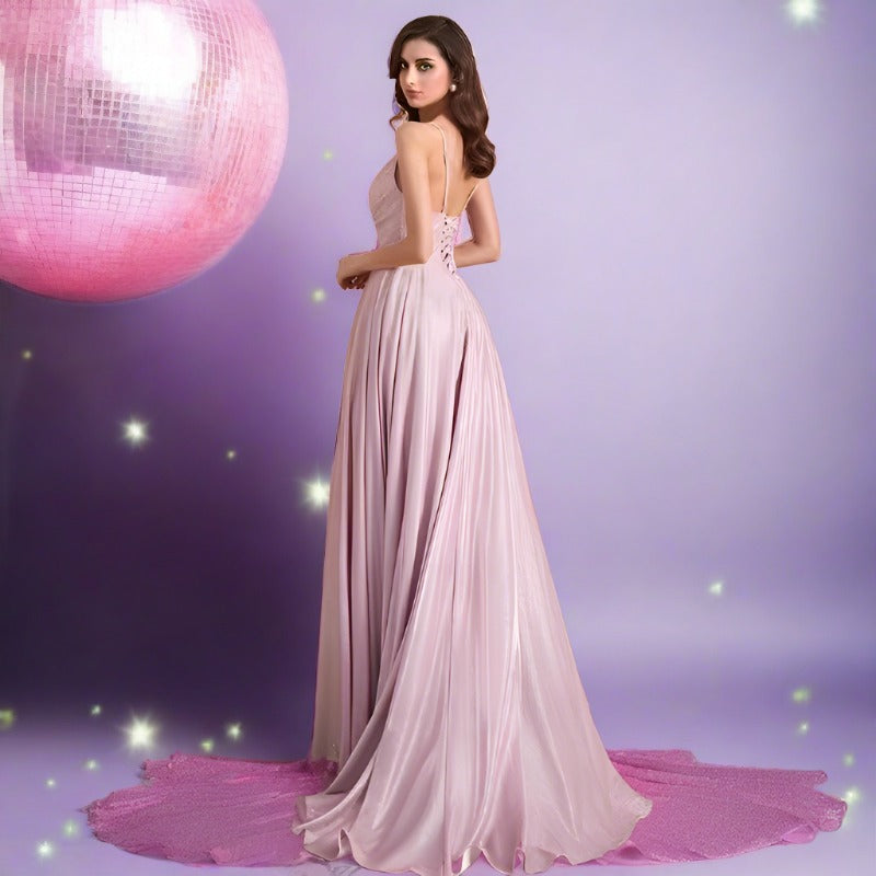 lace up back with train pink evening dress-formal elegance