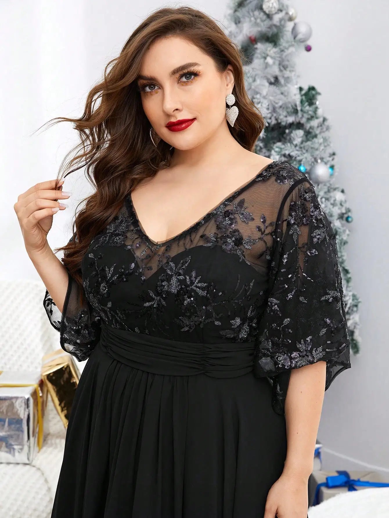 black v-neck lace bodice evening dress