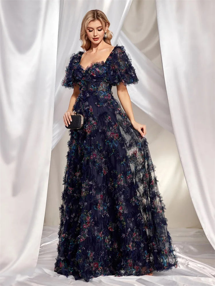 Navy Floral Tulle Short Sleeve Evening Party Dresses