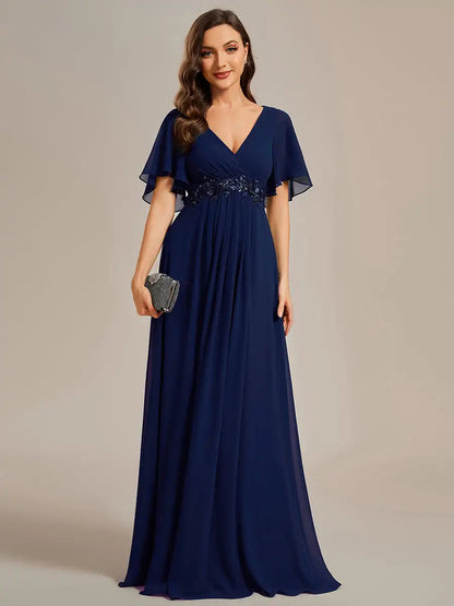 Navy Chiffon Applique V Neck Long Evening Dress Size 22