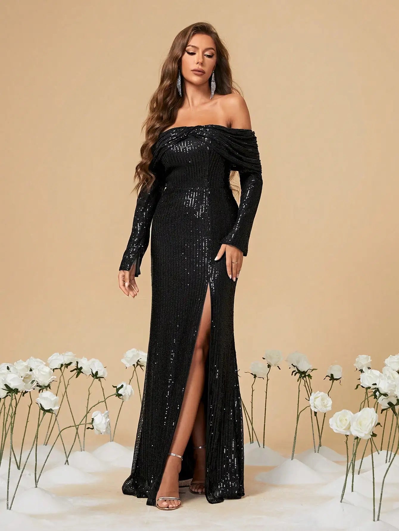 black sequin long party dress with sleeves-formal elegance